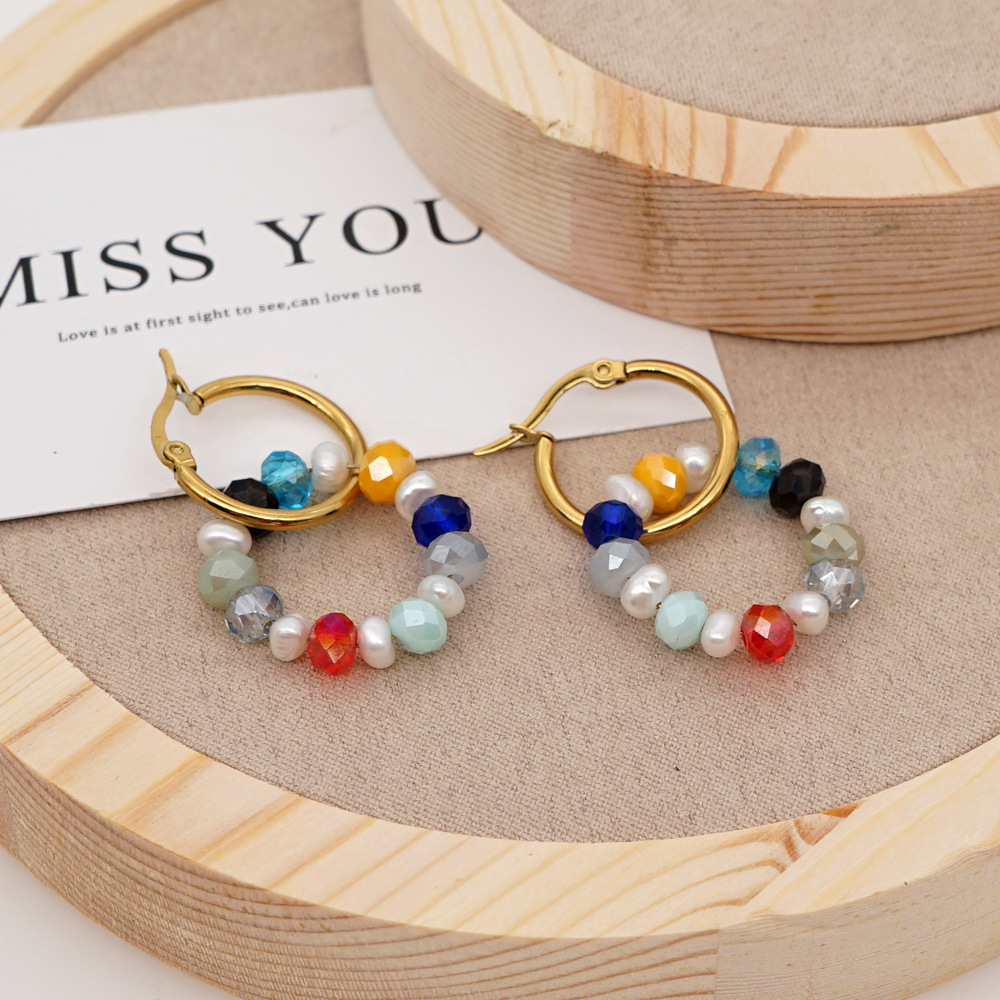 Bohemian Style Pearl Crystal Hoop Earrings display picture 2