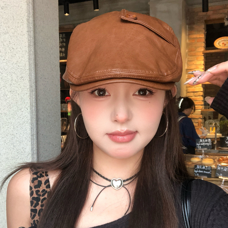 日系纽扣pu皮质前进帽女小众设计大头围显脸小气质反戴贝雷帽子潮|undefined