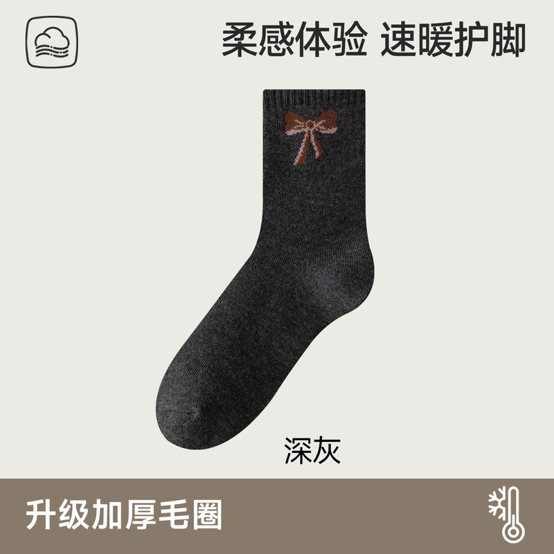 秋冬季女袜保暖袜可爱卡通蝴蝶结图案针织毛圈加厚款袜子批发代发|undefined