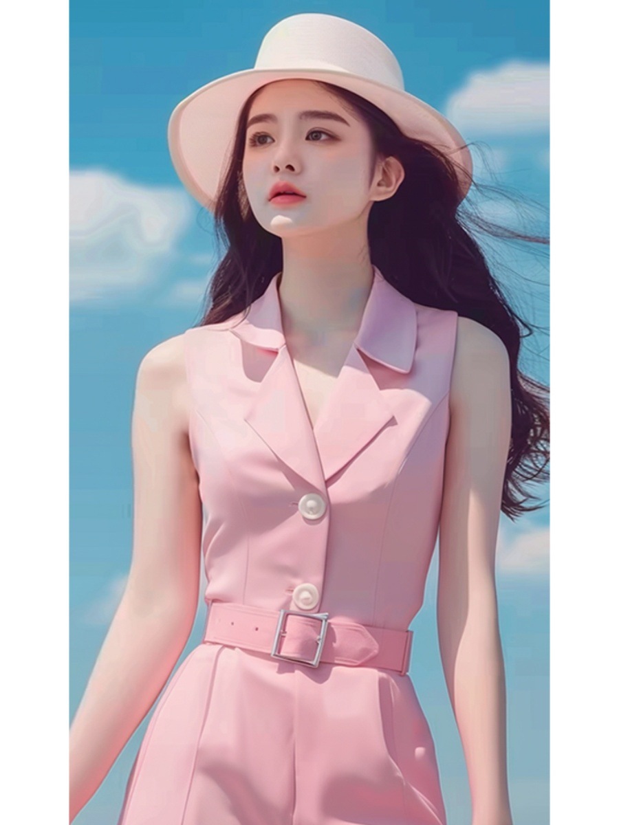 Bộ jumpsuit nữ dài tay màu hồng phong cách dopamine mùa hè cao cấp — Màu hồng