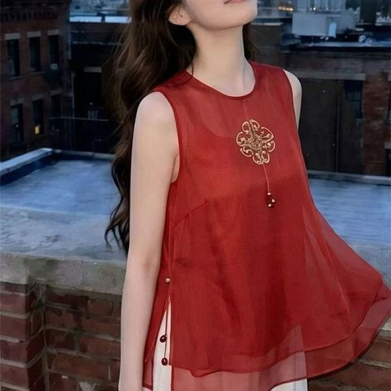 Red embroidered sleeveless shirt for women, summer French style inner top, elegant plus-size inner wear, Chinese trendy summer elegance Red embroidered sleeveless shirt for women, summer French style inner top, elegant plus-size inner wear, Chinese trendy summer elegance