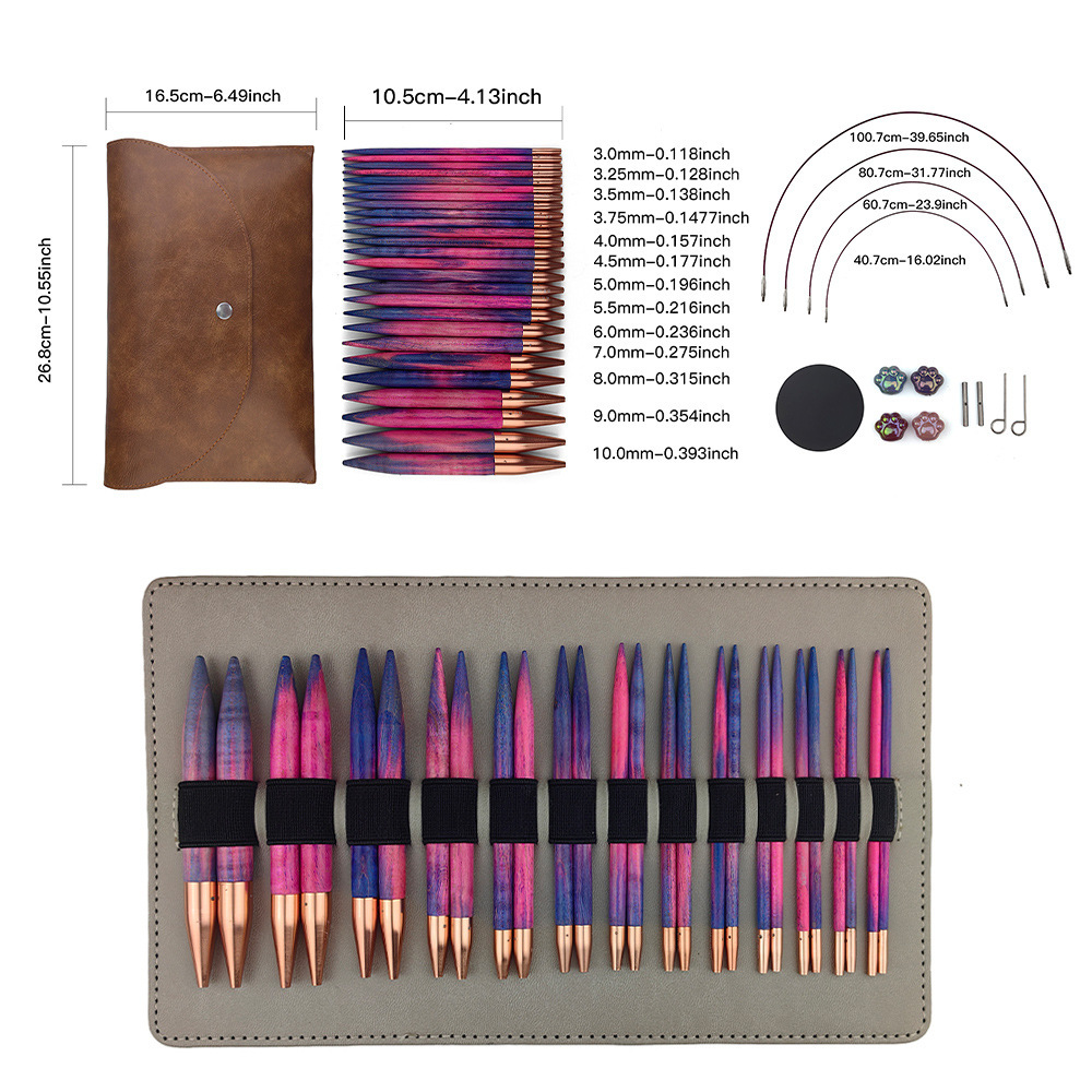 Herramienta de tejido transfronterizo Aguja de suéter Aguja de anillo de cabeza intercambiable Juego de 13 piezas Aguja de anillo desmontable de dos colores de madera estable