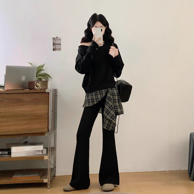 大码女秋季新款胖mm法式洋气减龄露肩卫衣格子拼接微喇裤两件套装|undefined