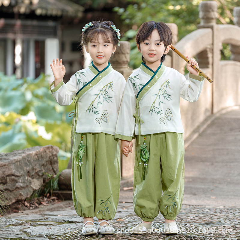 汉服男童秋装宝宝中国风兰竹图刺绣两件套装小男孩古装儿童演出服