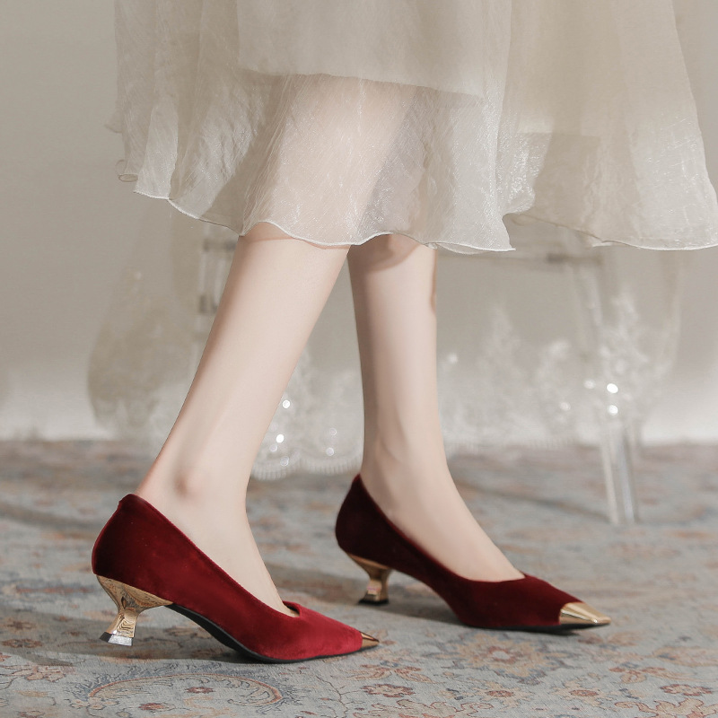Velvet Red Animal Year High Heels 2025 Spring New Fashion Low Heel Metal Toe Xiuhe Wedding Shoes Flats for Women