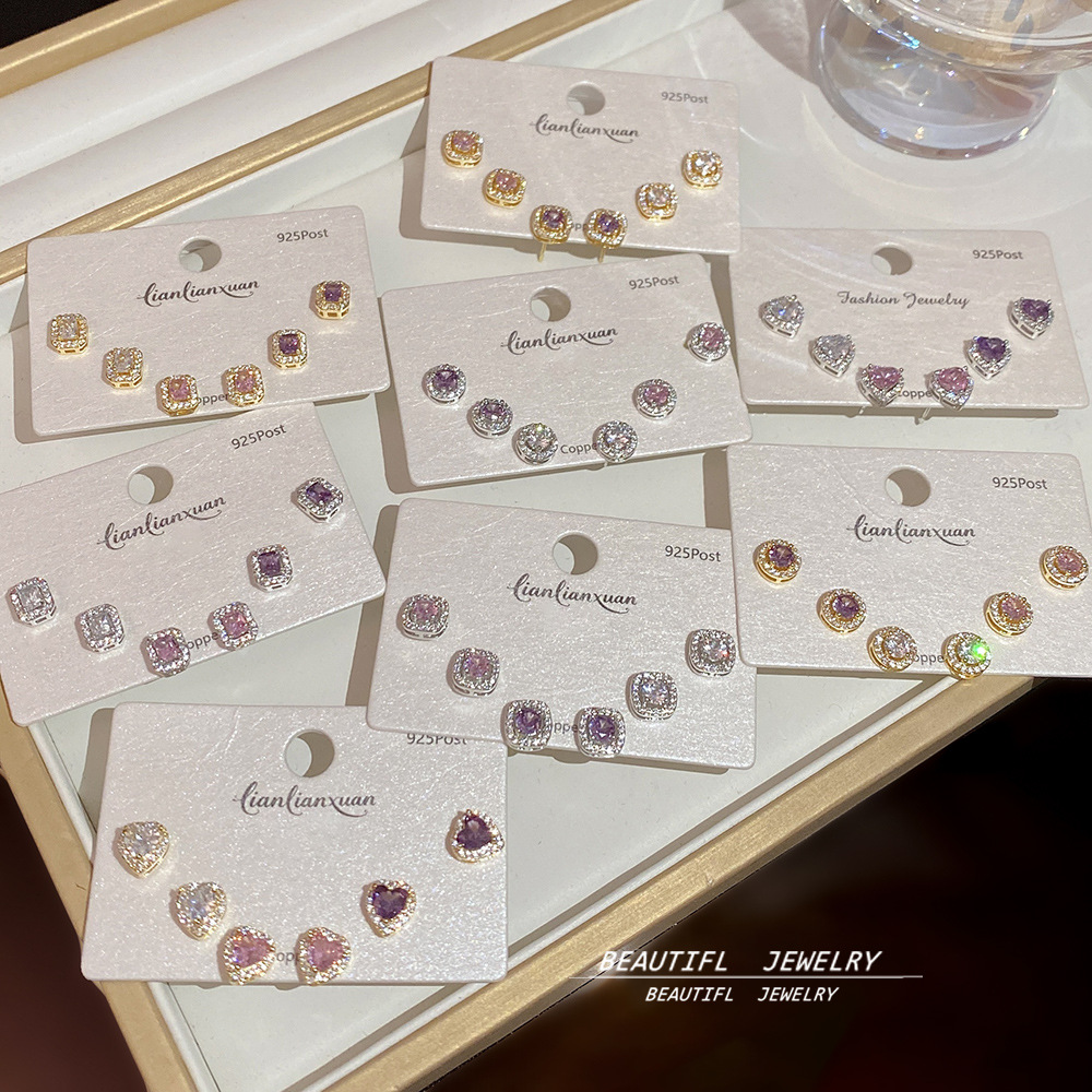 Silver Needle Premium Real Gold Electroplated Exquisite Zircon Small Stud Earrings 6-Piece Set Three Pairs of Earrings Light Luxury High-End Earrings