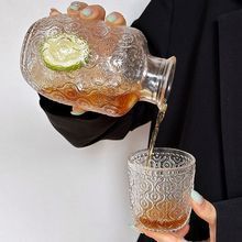 ins风高颜值冷水壶复古刻花海棠花玻璃茶壶一壶一杯果汁玻璃杯|undefined