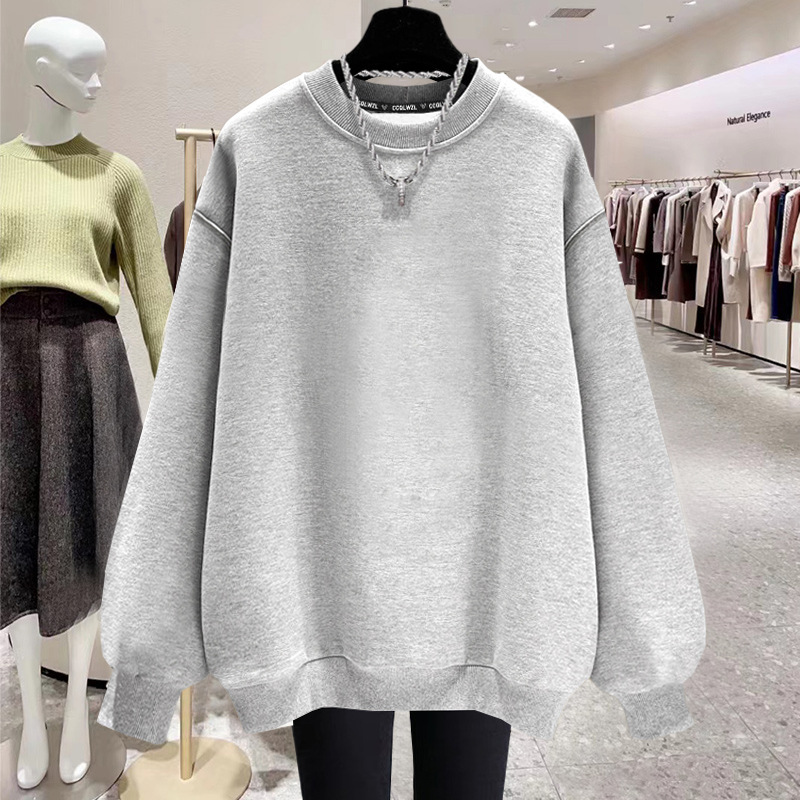 Autumn and Winter 2023 New Top fleece-lined Thickened Fashion Stylish Age-reducing Casual All-match Pure Cotton Crewneck Sweat for Women