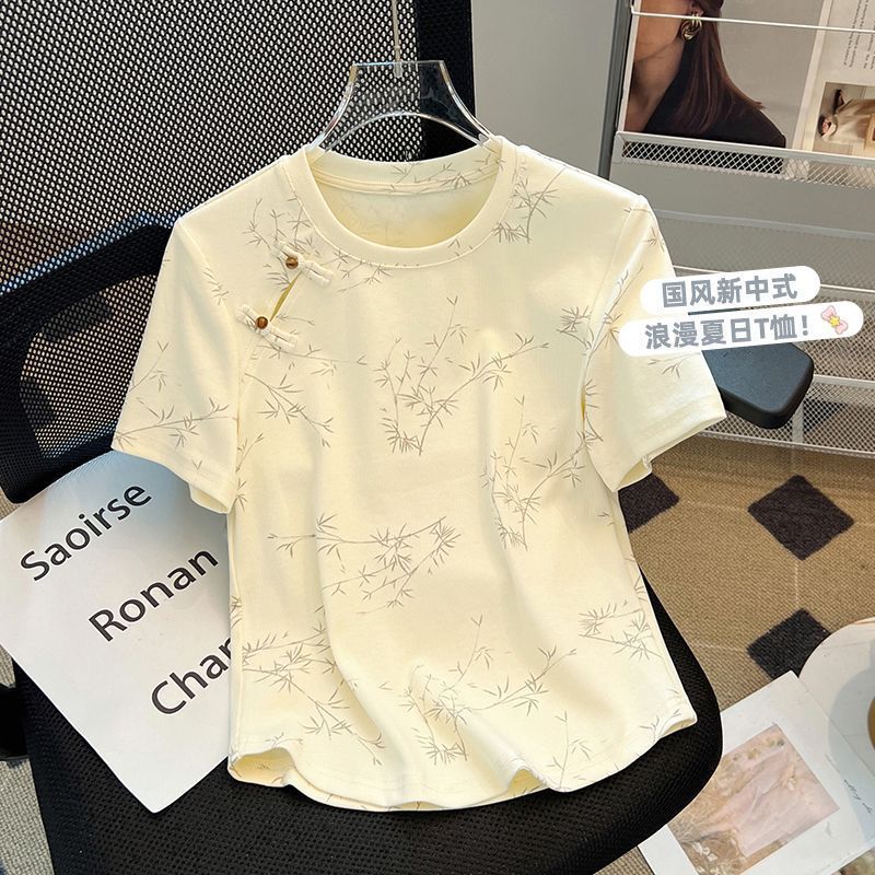 大码新中式国风盘扣短袖t恤女夏季2025新款女装宽松显瘦圆领上衣