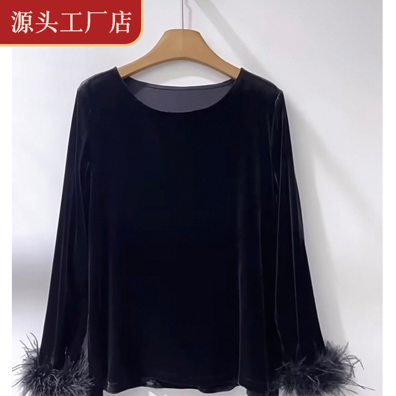 Jiangnan Caisangzi Early Spring New Style Detachable Cuff Ostrich Feather Silk Velvet Round Neck Long-Sleeved Shirt Top for Women