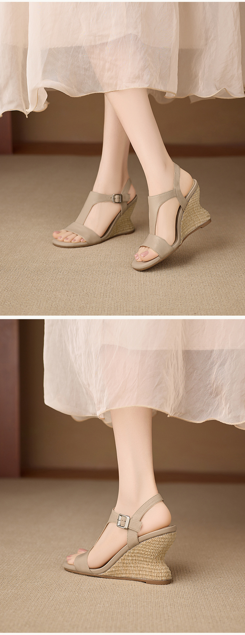 Sandal cao gót nữ quai chữ T đế xuồng đan rơm, hở mũi, gót 9 cm — màu trắng ngà, màu mơ chi tiết 5