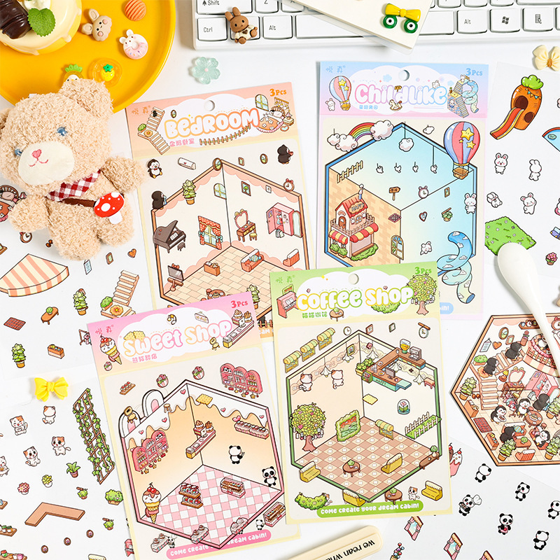 Dream Cabin 3D paisaje tridimensional pegatinas pet diy creativo miniatura dibujos animados contabilidad decoración escenas pegatinas de acertijo