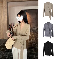 魔西女王慵懒风早春领设计交叉绑带收腰针织衫上衣