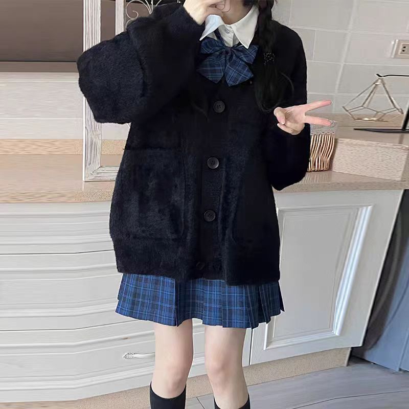 学院风软糯仿水貂绒v领毛衣外套女秋冬新款宽松外穿纯色针织开衫|undefined