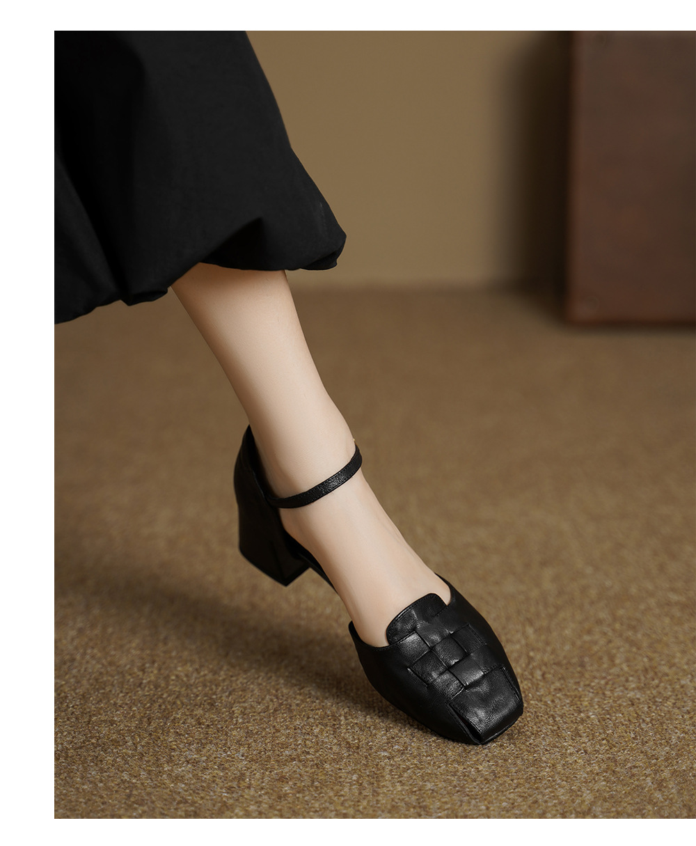 Sandal nữ da dê bện mũi kín quai ngang gót vuông trung bình — đen chi tiết 6
