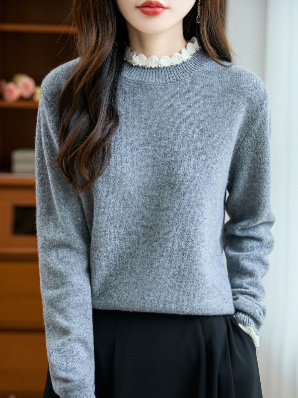 秋冬季新款纯色抽条欧根纱木耳领毛衣女内搭羊毛针织打底衫女|undefined