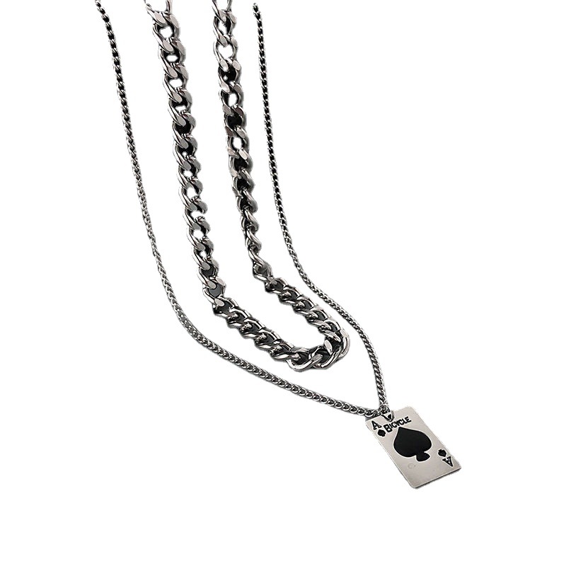 Double Layer Spades Playing Card Necklace In Titanium Steel_voghion.com