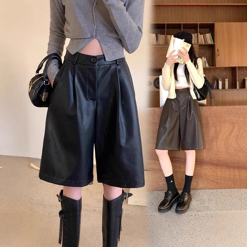 Plus Size Pu Leather Shorts Boot Shorts Women Autumn Winter High Waist Loose Casual Mid-Length A-Line Knee-Length Shorts Petite Wide-Leg Pants