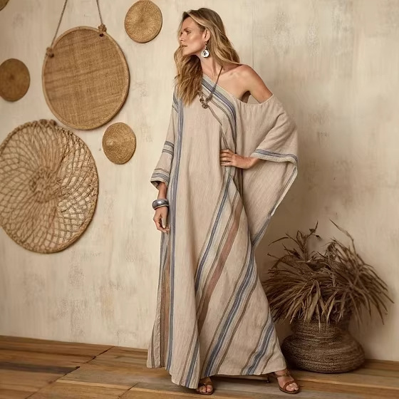 Cross-Border Amazon European and American Cross-Border 3D Digital Print V-Neck Half-Sleeve Long Kaftan Dress