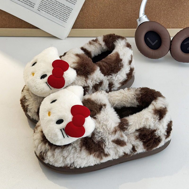 Cute Cow Leopard Print Toe-Cap Cotton Shoes for Women, Winter Outer Wear Fleece-Lined, Warm Flats, Home Comfort Bag Heel Slippers