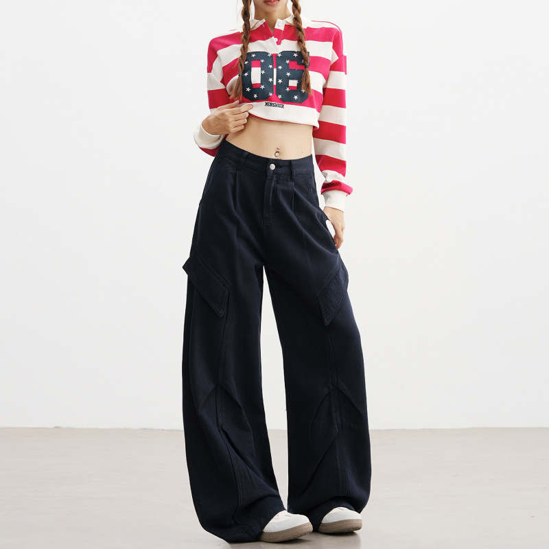 Pantalones Vaqueros Cargo de Pierna Ancha para Mujer de Mezclilla con Cintura Alta y Bolsillos