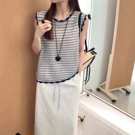 欧洲站2026夏季新款圆领木耳边撞色条纹时尚薄款显瘦针织无袖背心