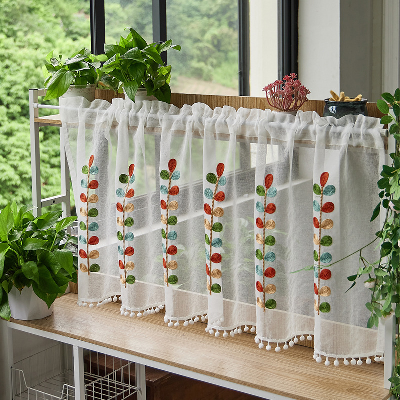 New Multicolor Three-dimensional Leaf Embroidered Window Screen High-end Coffee Curtain Japanese Style All-match Cotton and Linen Embroidered Gauze Curtain Coffee Curtain