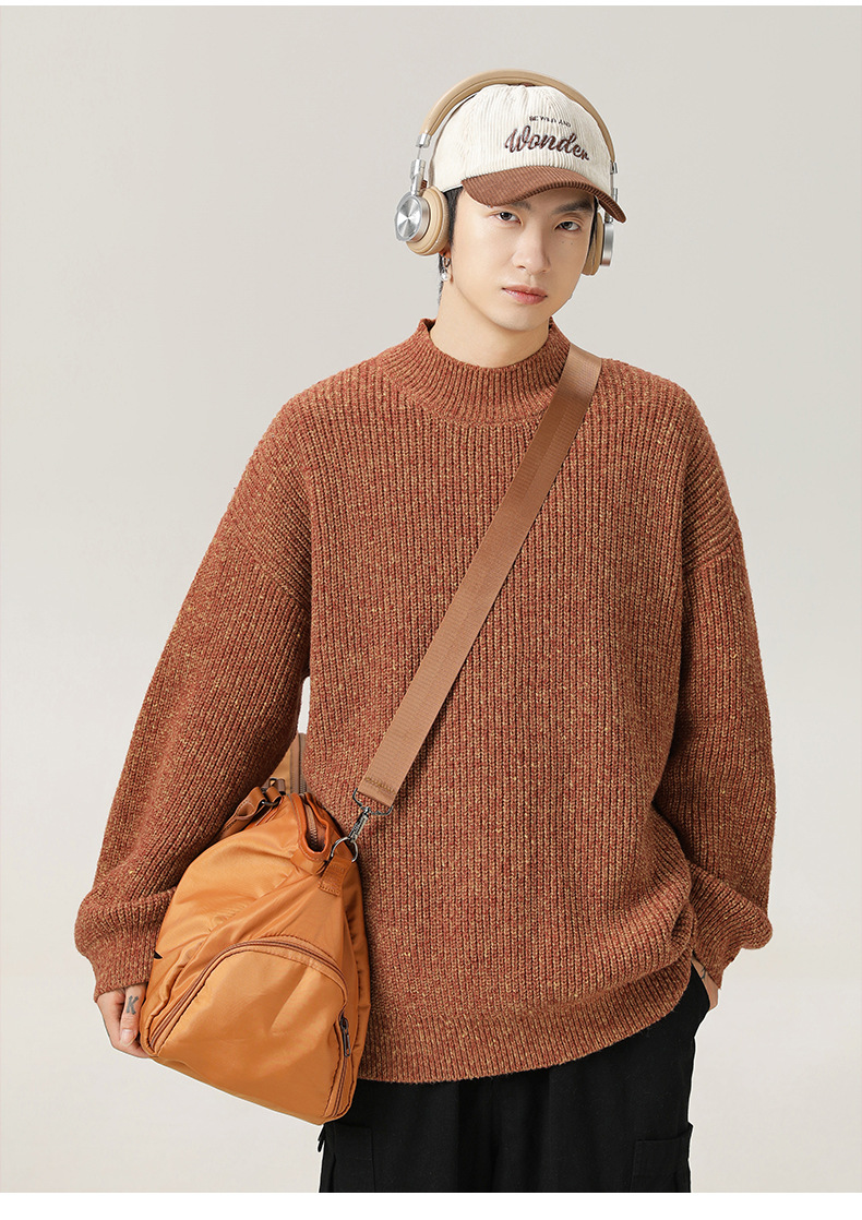 Men’s Vintage Thick Knit Half Turtleneck Sweater Texture Jacquard_voghion.com