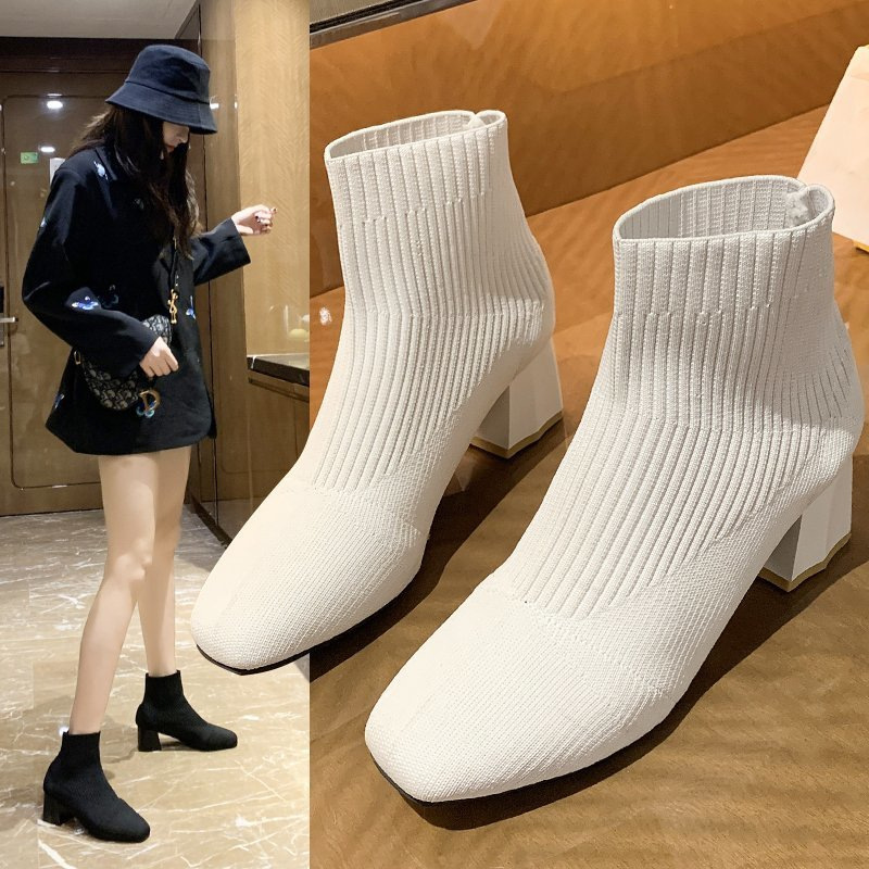 Spring and Autumn New Square Head Hollow Middle Tube Knitted Thin Boots Women's Flying Weaving Socks Boots All-match Short Boots Chunky Heel Fashion Boots Spring and Autumn New Square Head Hollow Middle Tube Knitted Thin Boots Women's Flying Weaving Socks Boots All-match Short Boots Chunky Heel Fashion Boots