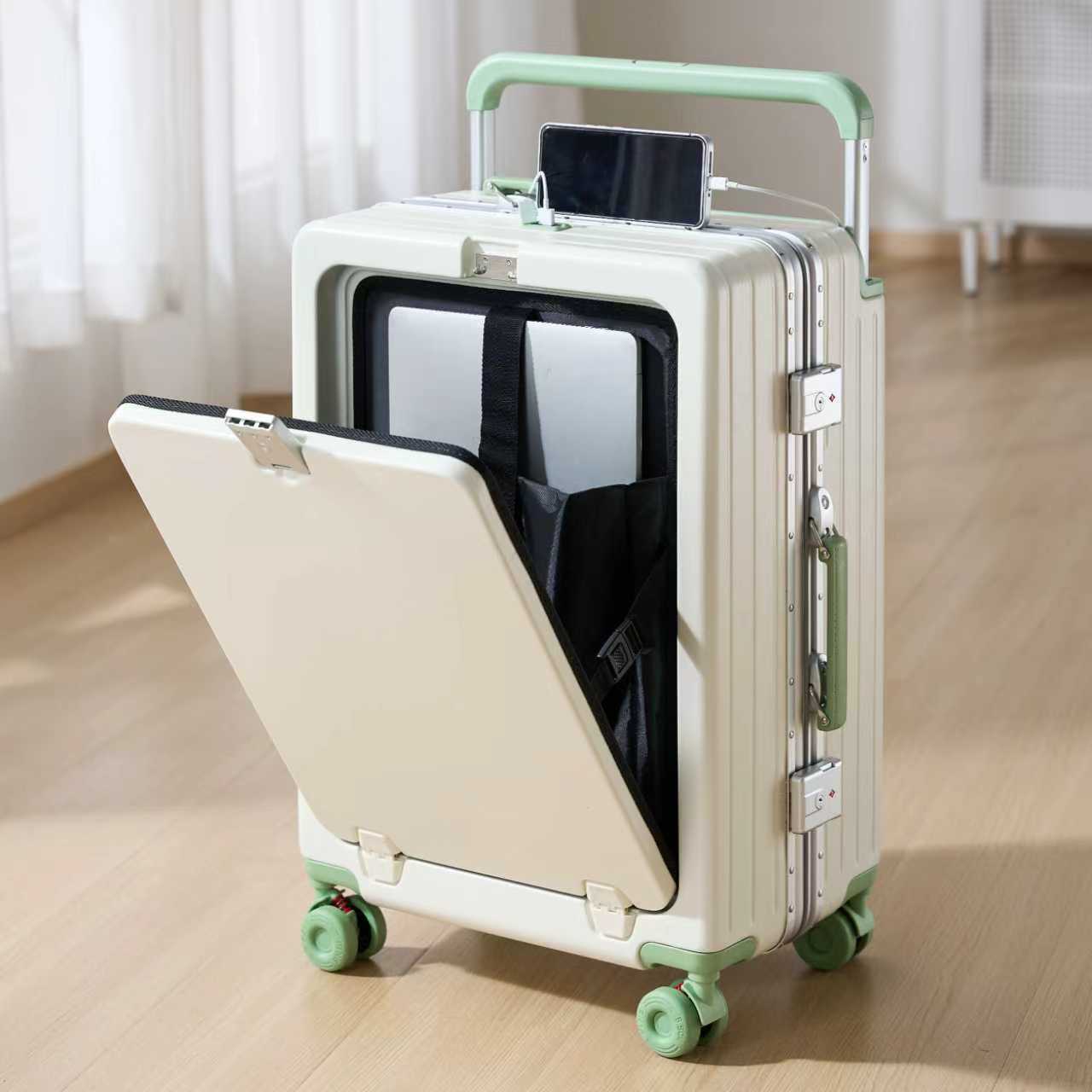 화이트 & 그린 - 레트로 휠 (알루미늄 프레임 전면 개방형 + USB 충전 + 컵 홀더)