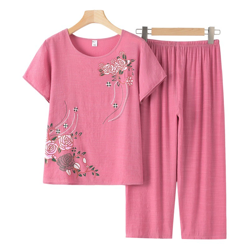 Костюм для летней одежды для матери, свободная летняя одежда для пожилых женщин с короткими рукавами и принтом, комплект из двух предметов из хлопка и льна