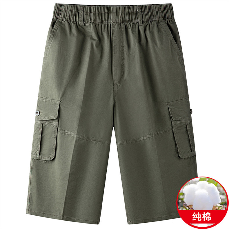 Dad's Beach Pants Summer Loose Casual Men's Cropped Pants Thin Multi-Pocket Over-The-Knee Cargo Shorts Middle-Aged