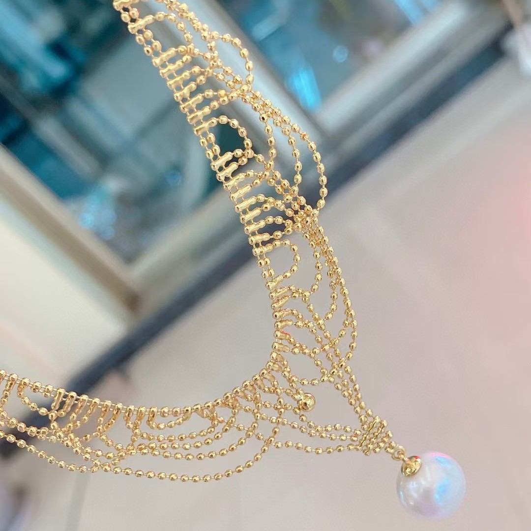 Colar de pérolas elegante com borla de renda estilo francês_voghion.com