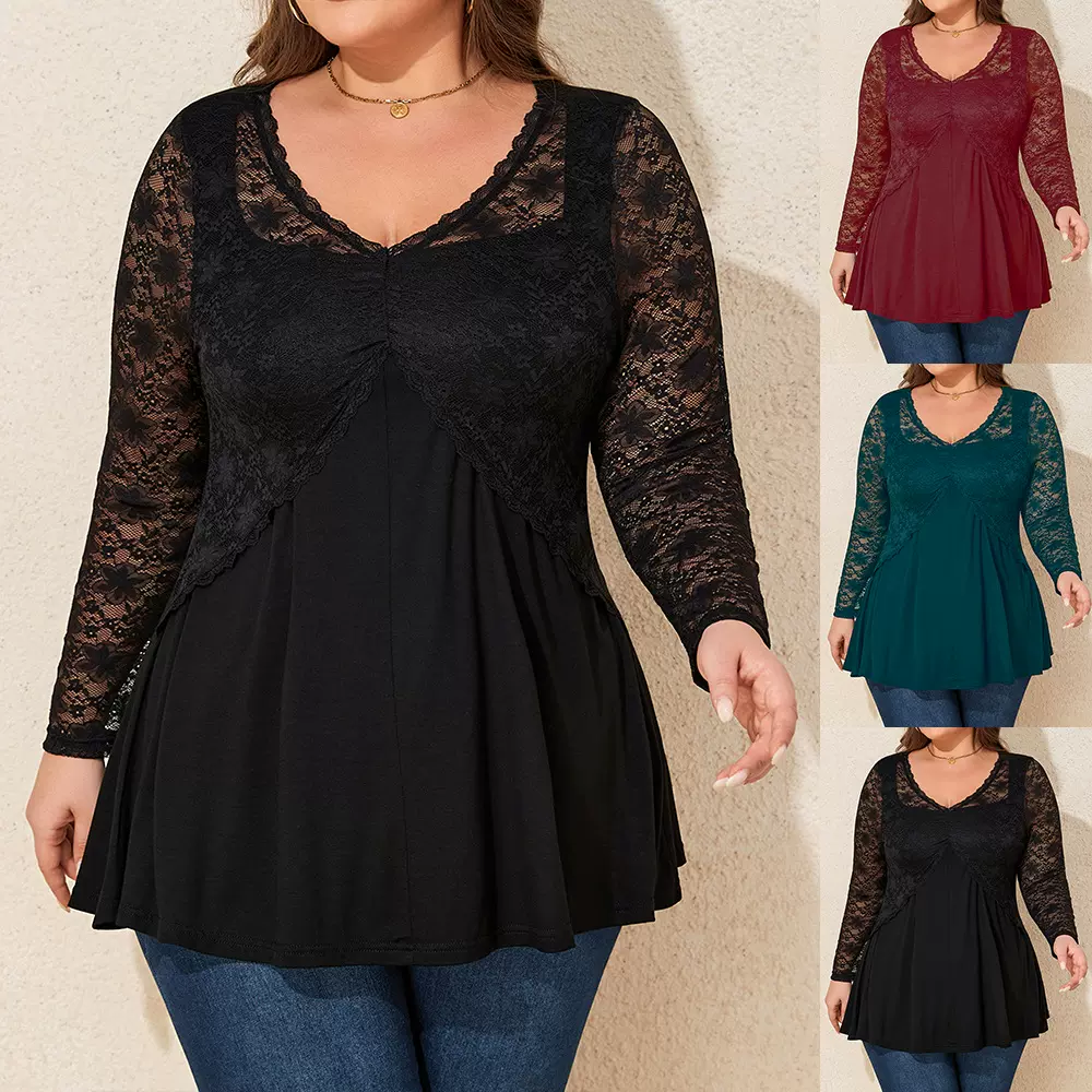 2025跨境欧美亚马逊新款弹力蕾丝拼接收腰V领大码长袖女士上衣夏