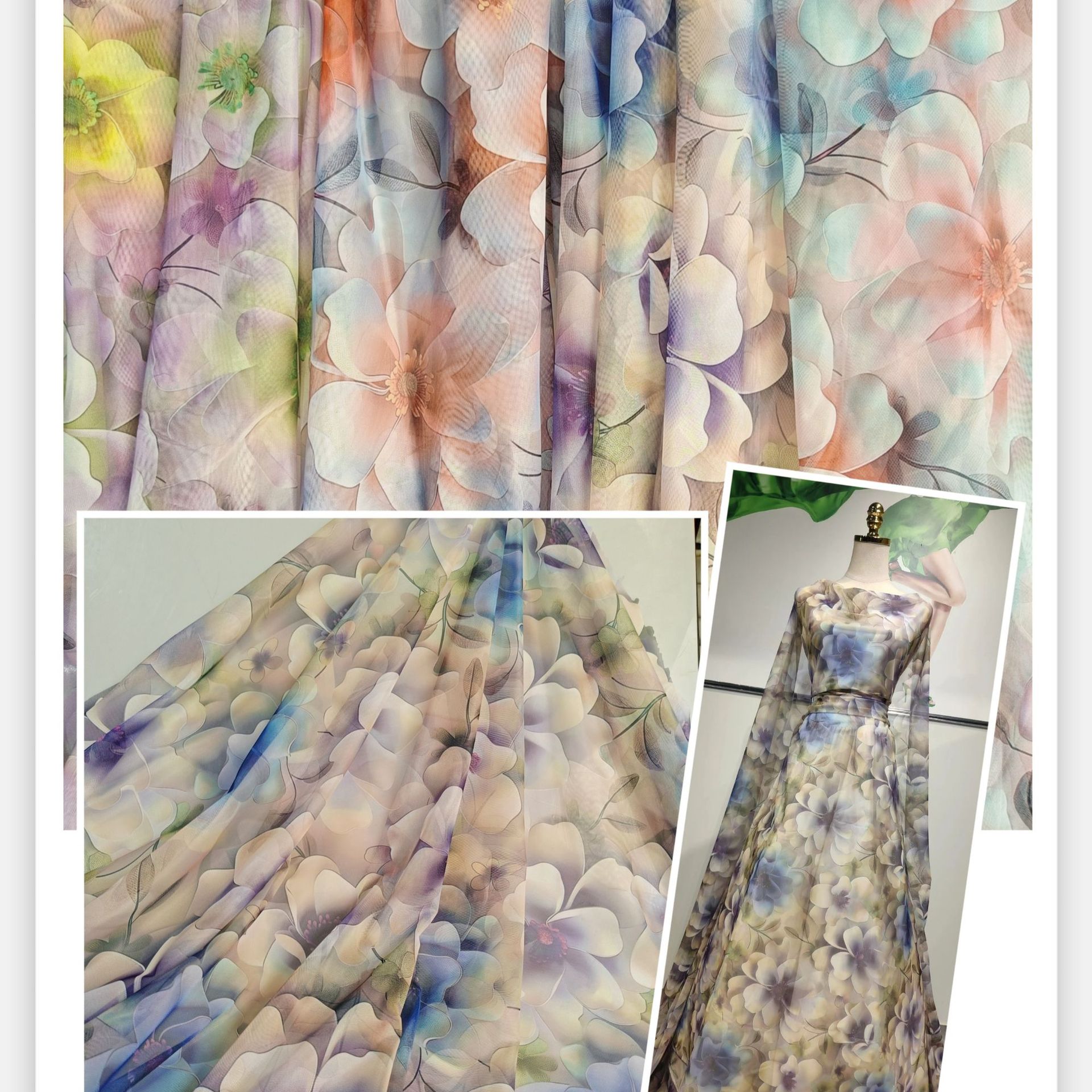 新款~爆款无弹顺滑台湾涤网纱大花3D数码印花 色彩仙美裙装等面料