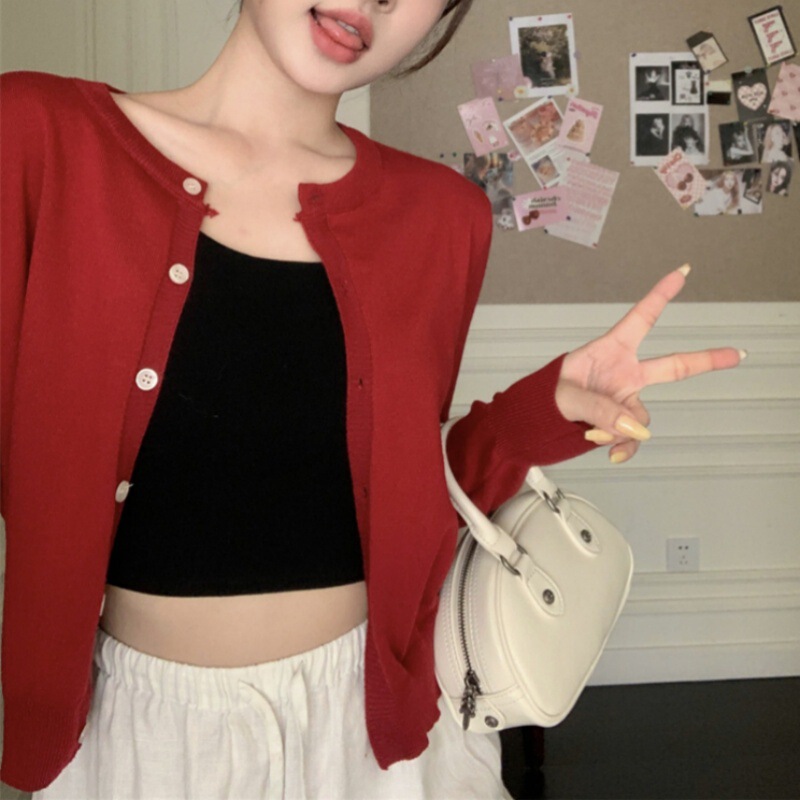 Christmas Outfit New Year Red Sweater Jacket for Women 2026 Spring New Style Knitted Cardigan Short Top for Petite Sizes