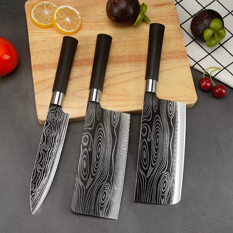 不锈钢激光纹厨房菜刀套装家用三件套厨师刀切菜刀砍骨刀花纹刀具