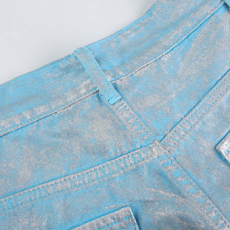 Women Clothing Metallic Coated Fabric Bright Silver Jeans Workwear with Pocket Casual Pants Straight Leg Pants Sets