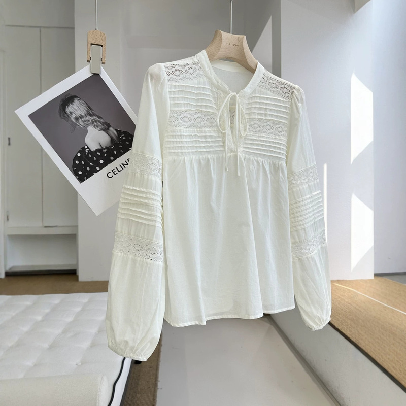 Spring Atmosphere Bohemian Style Off-White Lace Patchwork Lace Shirt Cotton Top 11876