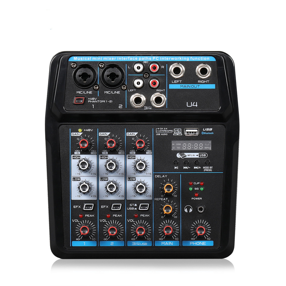 Profesional pequeña consola de sonido de 4 vías de rendimiento de red doméstica dispositivo de audio en vivo Bluetooth USB tarjeta de sonido Dispositivo de efecto de reverberación