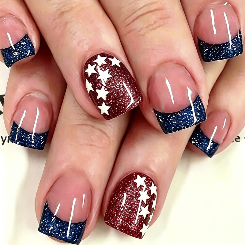24 Pieces Simple dark blue French Star Glitter Wear Armor Short Square Cross-border European and American Manicure False Nail Stickers 24 Pieces Simple dark blue French Star Glitter Wear Armor Short Square Cross-border European and American Manicure False Nail Stickers