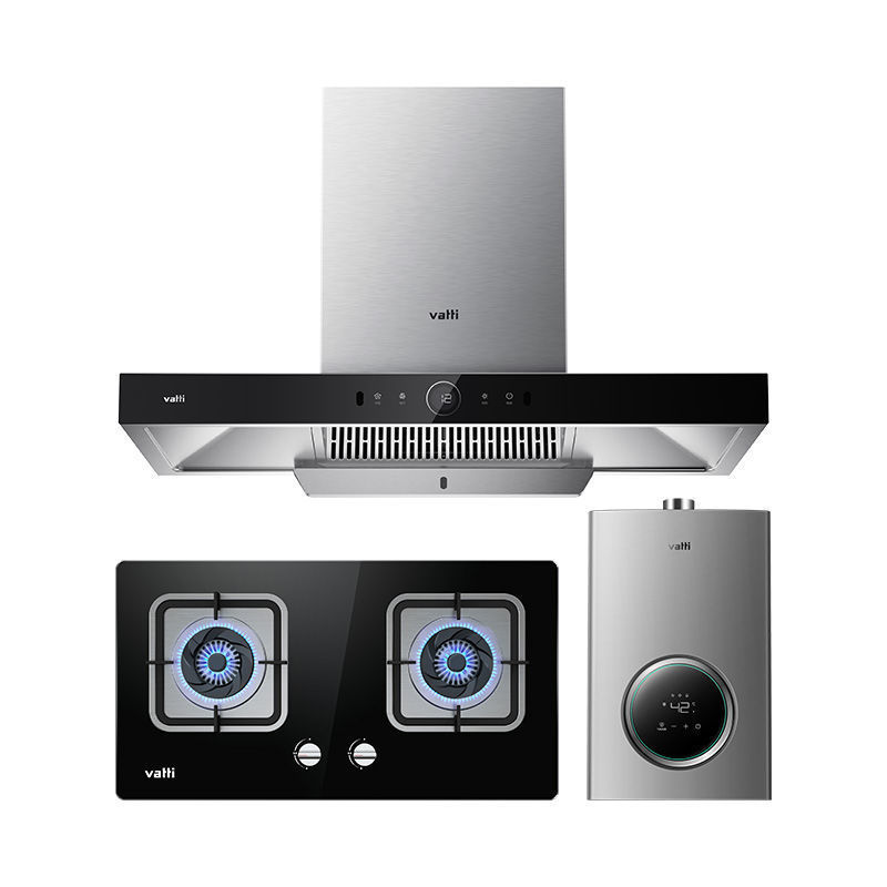 Set de combinación de calor de cocina de humo de tres piezas de cocina de humo doméstica calentador de agua de alta succión cocina de fuego rápido