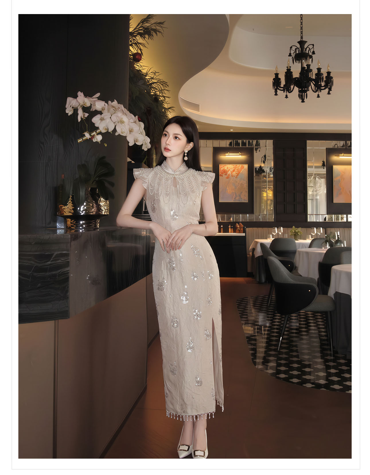 Đầm ôm body nữ phong cách Tân Trung Hoa đính cườm nặng tay thiết kế sườn xám — Xám Hạnh chi tiết 12
