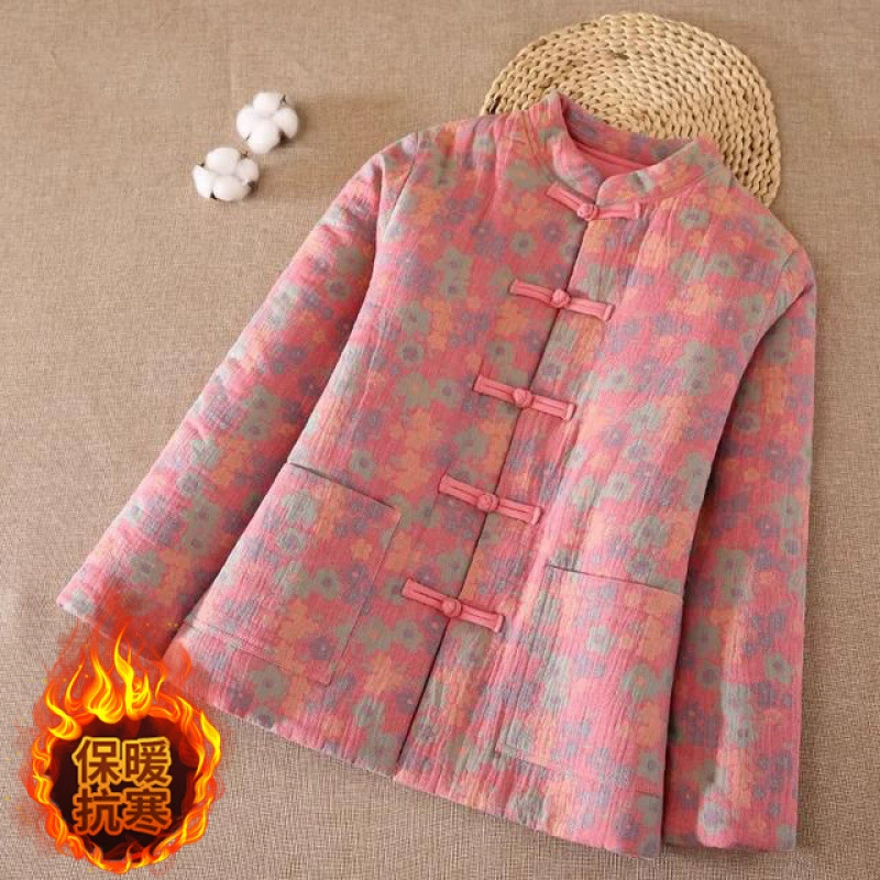 Распродажа женской одежды больших брендов: винтажная стеганая хлопковая куртка с цветочным принтом, воротником-стойкой и застежкой на пуговицы для зимы.