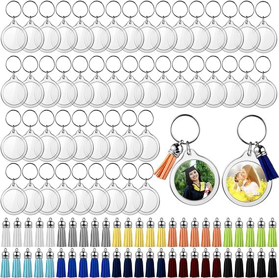 100 Piezas de Marcos de Fotos Acrílicos en Blanco con Borla de Colores, Unidad Personalizable para Insertar Fotos, Llavero, Juego de Joyería