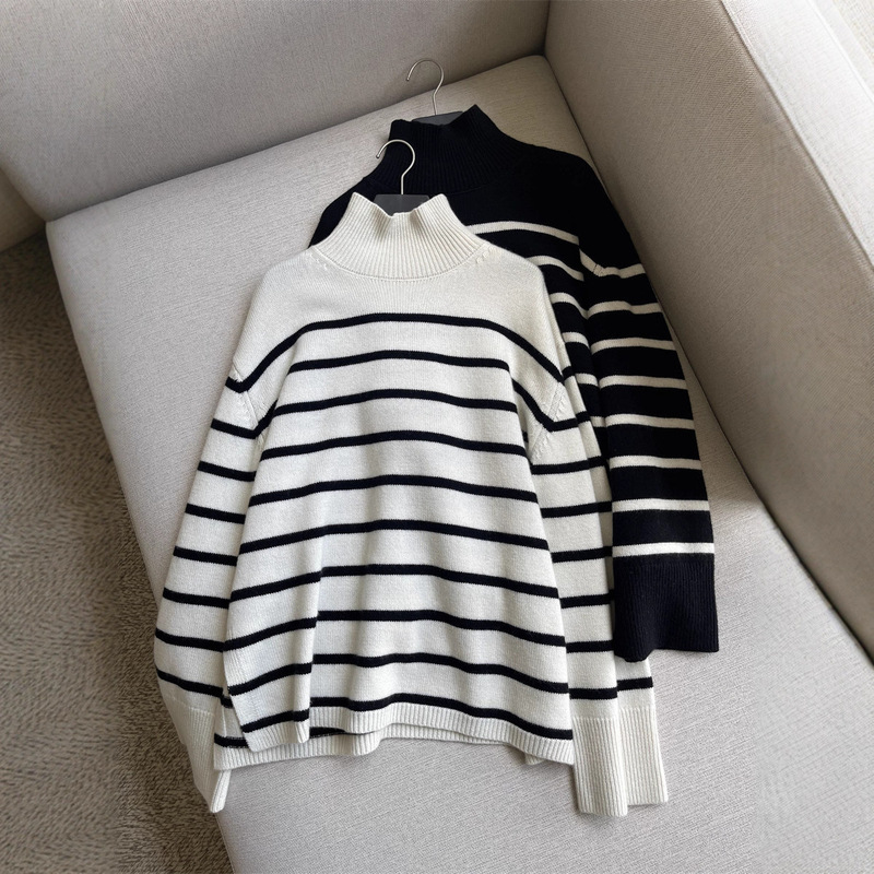 Nanyou Niche Ab American Trendyy Contrasting Stripesd Turtleneck Merino Wool Knitwear Women's Top Cashmere Knitwear
