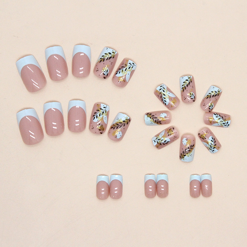 Faux ongles frais de style français de longueur moyenne, poudre d'or, silhouette de feuille, portant des pièces de nail art, 24 pièces dans une boîte_voghion.com
