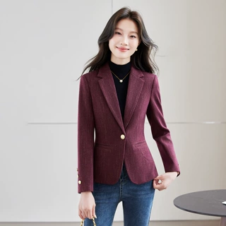 枣红色西装外套女长袖修身显瘦高级感通勤小个子职场秋冬呢子西服