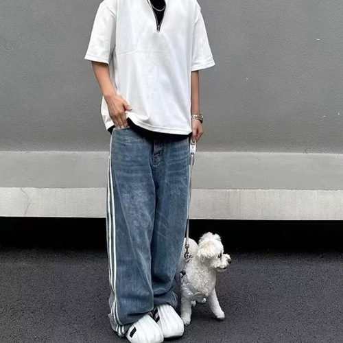 Relaxed jeans, Harajuku retro striped high-quality sports pants for men and women, casual wide-leg jeans, streetwear clothing