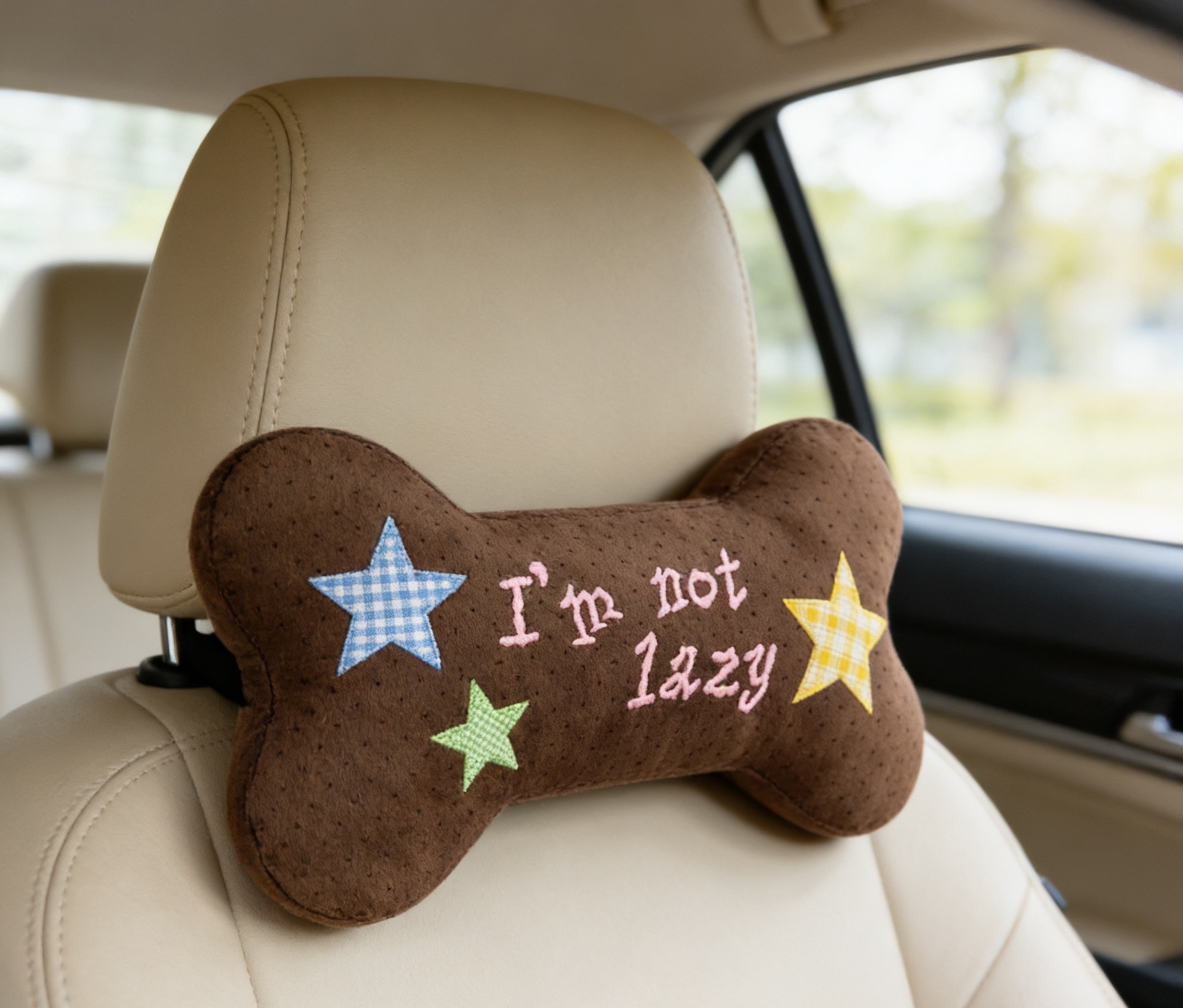 New Dog Car Headrest Bone-Shaped Plush Cartoon Cute Pillow Lumbar Support Doll Car Interior Accessories